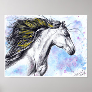 Wilde rennende paard Aquarel en inkt Paardkunst Poster
