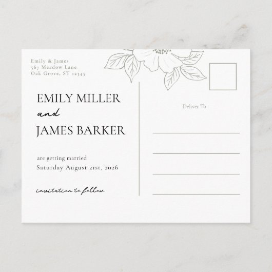 Wilde Roos in Sage Eenvoudig Bewaar de datum Briefkaart (Achterkant)