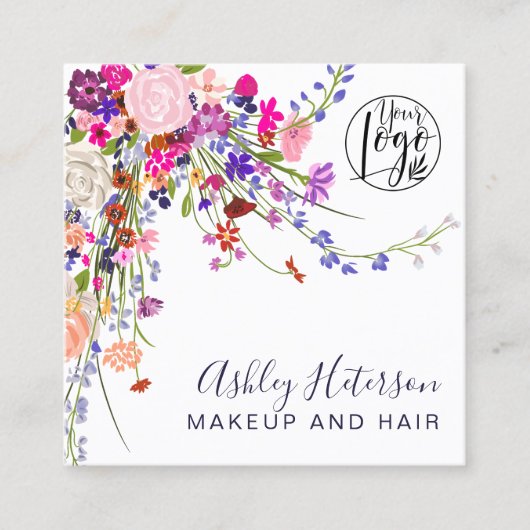Wilde roze bloemblauw oranje logo make-up vierkante visitekaartje (Voorkant)