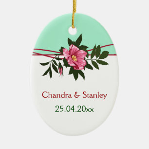 Wilde roze roos bloemige trouw mintgroene aandenke keramisch ornament
