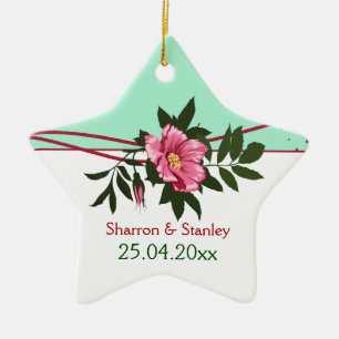 Wilde roze roos bloemige trouw mintgroene aandenke keramisch ornament
