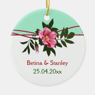 Wilde roze roos bloemige trouw mintgroene aandenke keramisch ornament