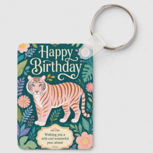 Wilde Roze Tijger Verjaardagsavontuur Sleutelhanger