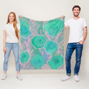 Wilde Rozen Blauwgroen en Violet Abstract Floral Fleece Deken