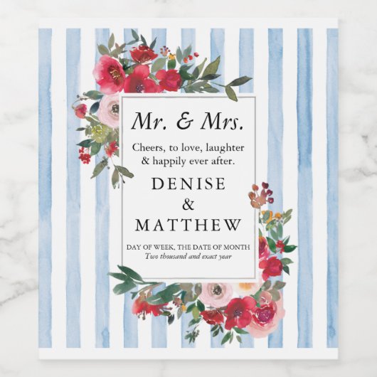 Wilde Rozen en omphaloden Blauw Wijnlabel Wijn Etiket (Enkel label)