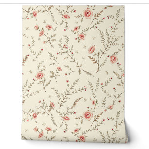 wilde Rozen en varens in zacht beige Behang