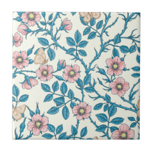 Wilde rozen en vlinders /roze/blauw/crème tegeltje