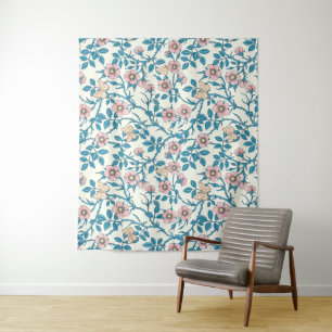 Wilde rozen en vlinders /roze/blauw/crème wandkleed