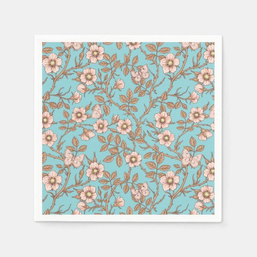 Wilde rozen en vlinders /roze/bruin/pool servet (Voorkant)