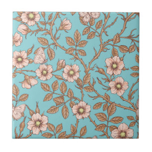 Wilde rozen en vlinders /roze/ bruin/ vijver tegeltje