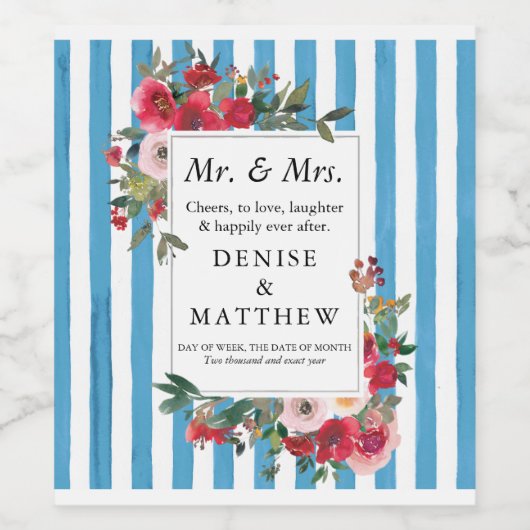 Wilde Rozen & Grotto Blue Stripe Wine Label Wijn Etiket (Enkel label)