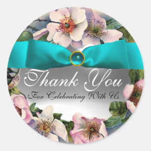 WILDE ROZEN MET AQUA BLUE, BLAUWGROEN RIBBON, Dank Ronde Sticker