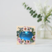 WILDE ROZEN MET AQUA BLUE GEM STONE MONOGRAM VIERKANTE VISITEKAARTJE (Staand voorkant)