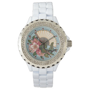 WILDE ROZEN MET FAN Pink Blue Floral Horloge