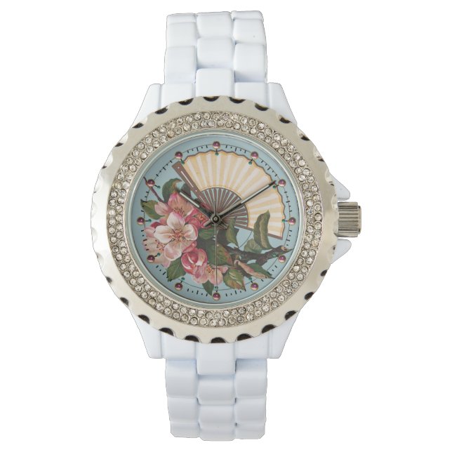 WILDE ROZEN MET FAN Pink Blue Floral Horloge (Voorkant)