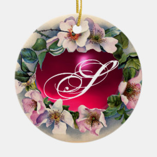 WILDE ROZEN MET PINK FUCHSIA GEM STONE MONOGRAM KERAMISCH ORNAMENT
