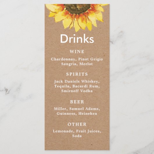 Wilde rustieke zonnebloem. Eenvoudige bruiloft Bar Menu (Voorkant)