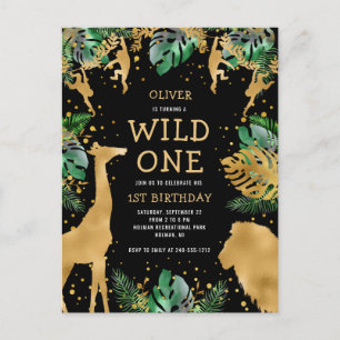 Wilde Safari 1e Verjaardag Zwart Goud Groen Uitnodiging Briefkaart