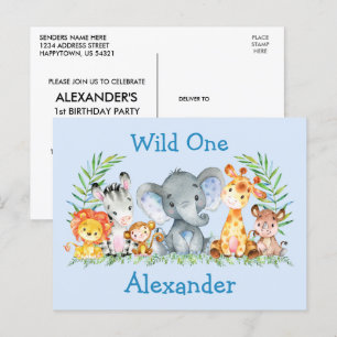 Wilde Safari Dieren Verjaardagsuitnodiging Blauw Briefkaart