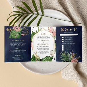 Wilde Tropische Gouden Blush Roze Bloemen Navy Bru Drieluik Uitnodiging