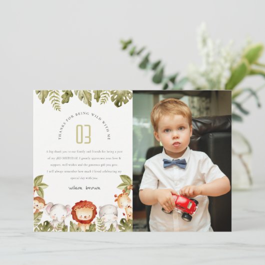 Wilde Tropische Safari Dieren Kinder Foto Verjaard Bedankkaart (Staand voorkant)