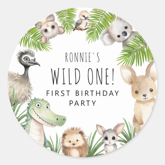 Wilde! Verjaardagsfeestje voor Aussie Animal Ronde Sticker (Voorkant)
