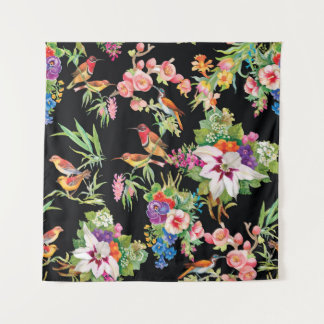 Wilde vogelbloemen: zwart wandkleed