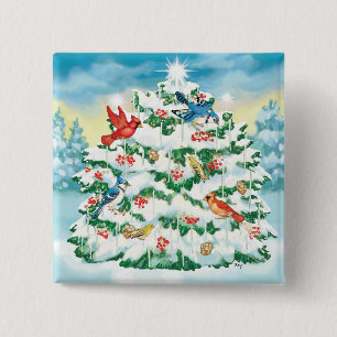 Wilde vogels in Natuur met kerstbomen met sterretj Vierkante Button 5,1 Cm