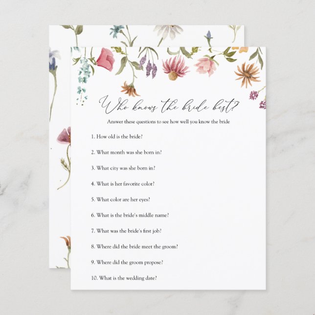 Wilde Vrijgezellenfeest Game, die Bride kent (Voorkant / Achterkant)