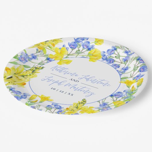 Wilde waterverf met blauwe botanische bruiloft papieren bordje (Gekanteld)