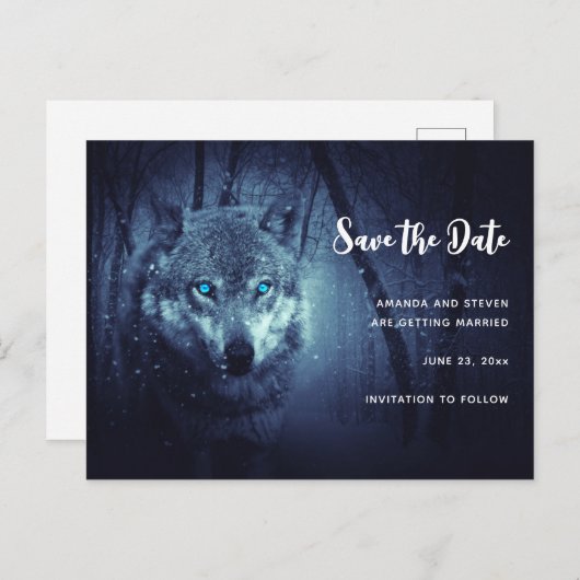 Wilde Wolf met mooie blauwe ogen Sparen de Datum Uitnodiging Briefkaart (Voorkant / Achterkant)