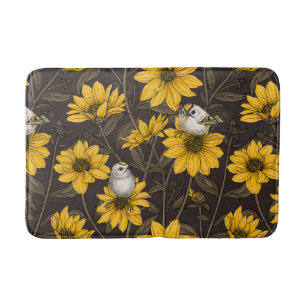 Wilde zonnebloemen en goudkam vogels / geel badmat