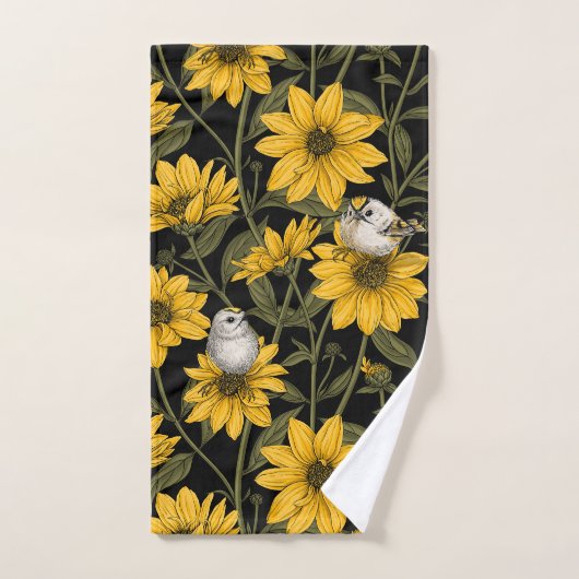 Wilde zonnebloemen en goudkam vogels / geel en gr bad handdoek (Handdoek)