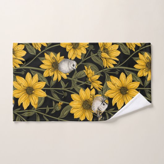 Wilde zonnebloemen en goudkam vogels / geel en gr bad handdoek (Handdoek)