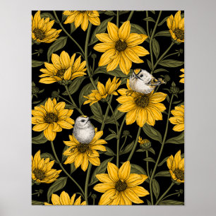 Wilde zonnebloemen en goudkam vogels / geel en gr poster