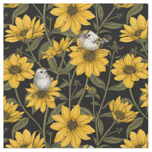 Wilde zonnebloemen en goudkam vogels / geel en gr stof