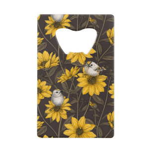 Wilde zonnebloemen en goudkam vogels / geel kredietkaart flessenopener