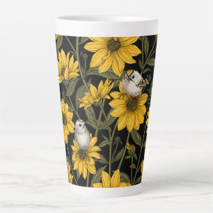 Wilde zonnebloemen en goudkam vogels / geel latte mok