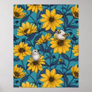 Wilde zonnebloemen en goudkam vogels / geel poster