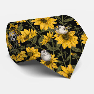 Wilde zonnebloemen en goudkam vogels / geel stropdas