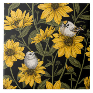 Wilde zonnebloemen en goudkam vogels / geel tegeltje
