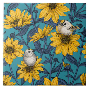 Wilde zonnebloemen en goudkam vogels / geel tegeltje