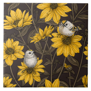 Wilde zonnebloemen en goudkam vogels / geel tegeltje