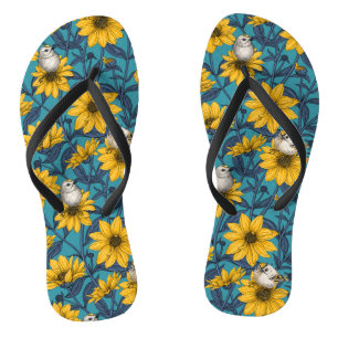 Wilde zonnebloemen en goudkuifvogels/geel teenslippers