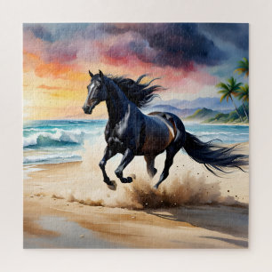 Wilde zwarte hengst galopperend legpuzzel
