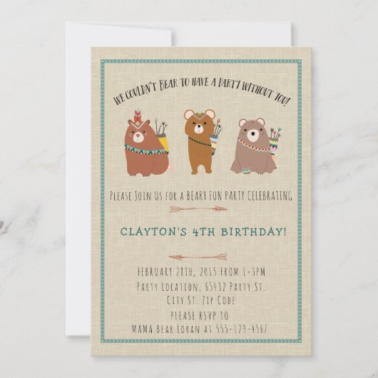 Wilderness, Boho Bears Invitations de fête d'anniv (Devant)