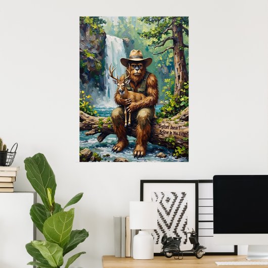 Wilderness Embrace: Sasquatch en het jonge hert Poster (Thuiskantoor)