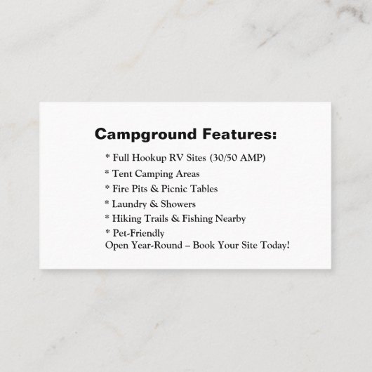 Wilderness RV Site Carte de contact avec Camper Va (Dos)