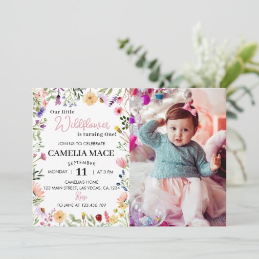 Wildflower 1e verjaardag uitnodiging (Staand voorkant)