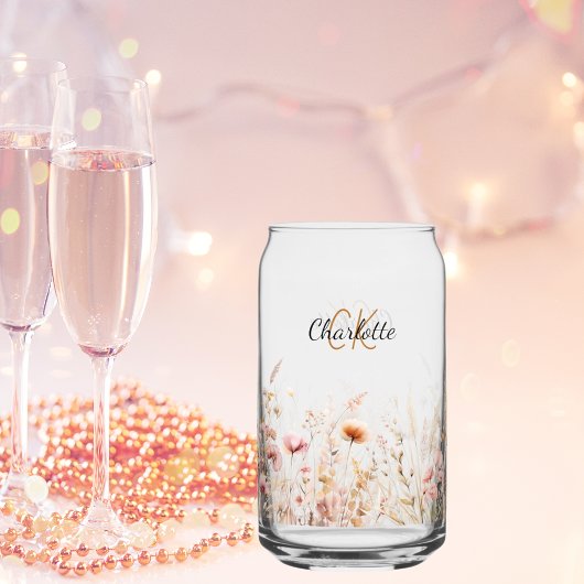 Wildflower aangepaste naam script monogram initial blikvorm glas